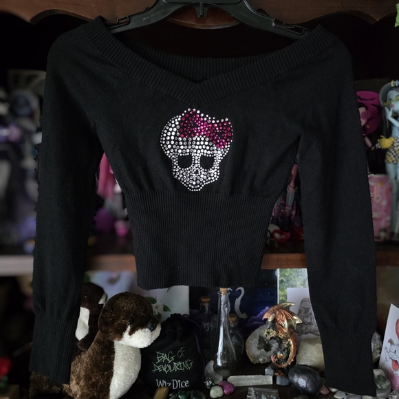 Upcycled Sweaters - Upcycled Embellished Monster High Inspired Skull Black V-Neck Sweater Top